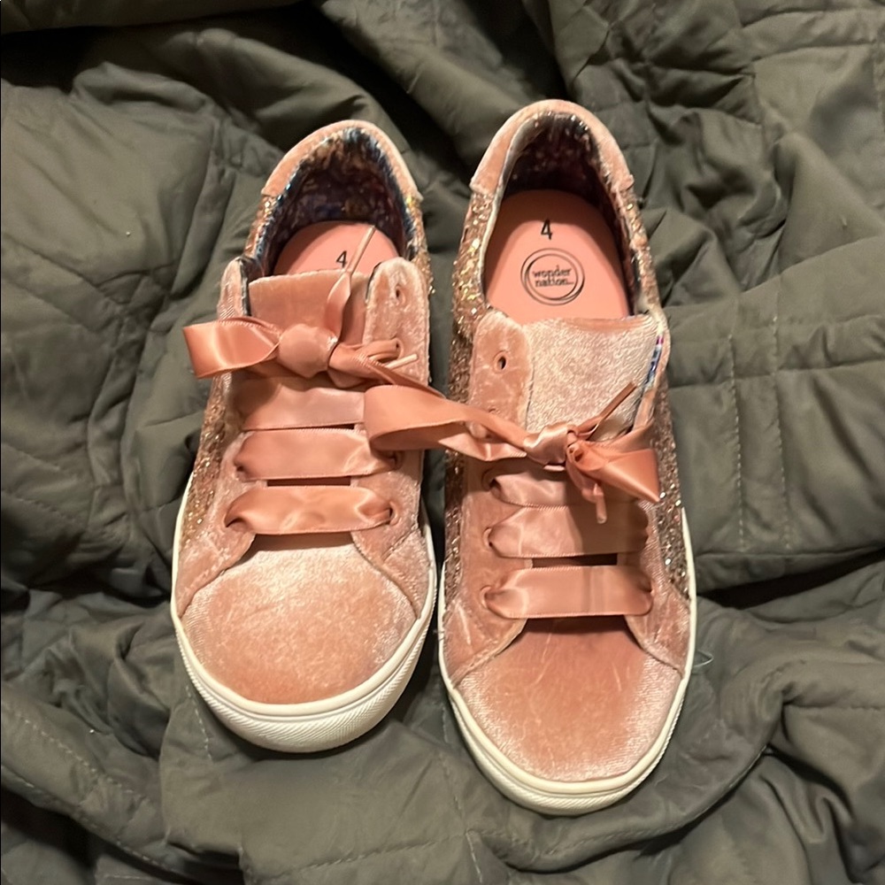 Pink Velvet Sneakers with Ribbon Laces